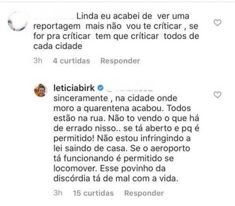 Comentário de Letícia Comentário de Letícia/Instagram