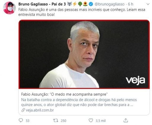 Bruno Gagliasso elogia Fábio Assunção após entrevista reveladora sobre vício em drogas