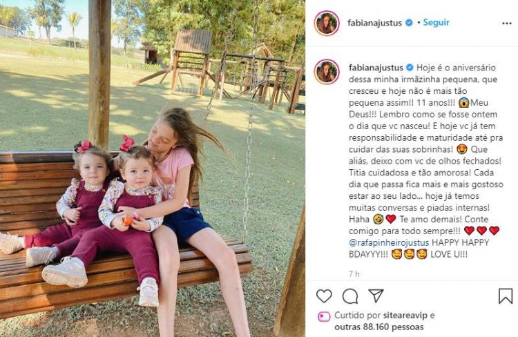 Fabiana Justus parabeniza a irmã, Rafa Justus, pelos 11 anos de vida