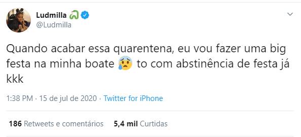 Reprodução Twitter Ludmilla faz promessa para quando a quarentena terminar
