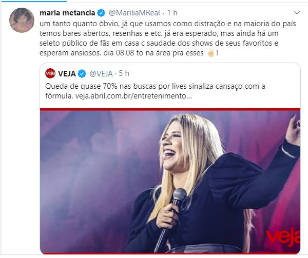Reprodução Twitter Marília Mendonça comenta queda na procura por lives após relaxamento do isolamento social