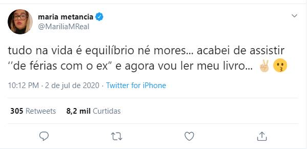 Reprodução Twitter Marília Mendonça conta sobre rotina longe dos palcos e diz: “Tudo é equilíbrio”