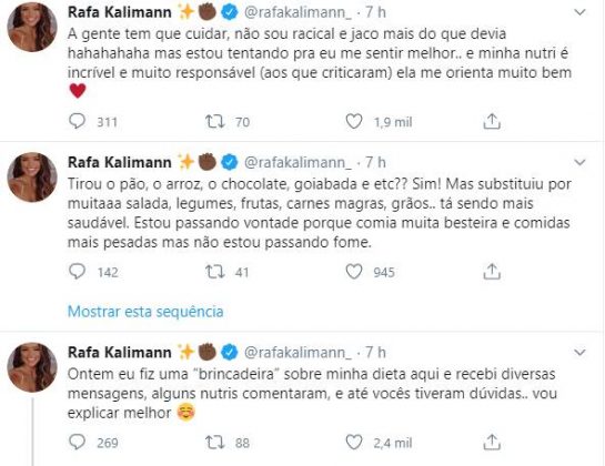 Rafa Kalimann explica que não está passando fome por causa de dieta