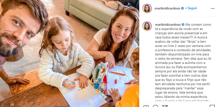 Mari Bridi, esposa de Rafael Cardoso, comenta rotina e perrengues com os filhos longe da escola