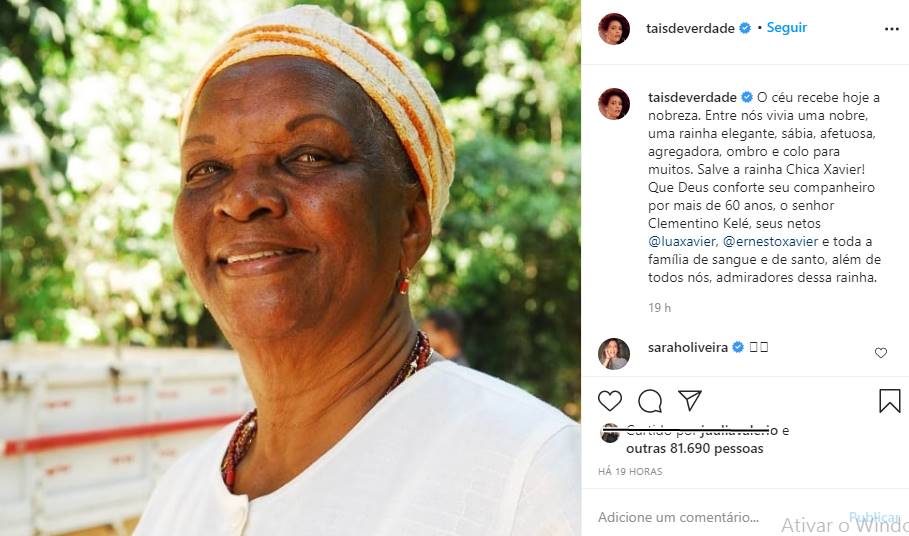 Taís Araújo comenta morte de Chica Xavier: “Uma rainha elegante”