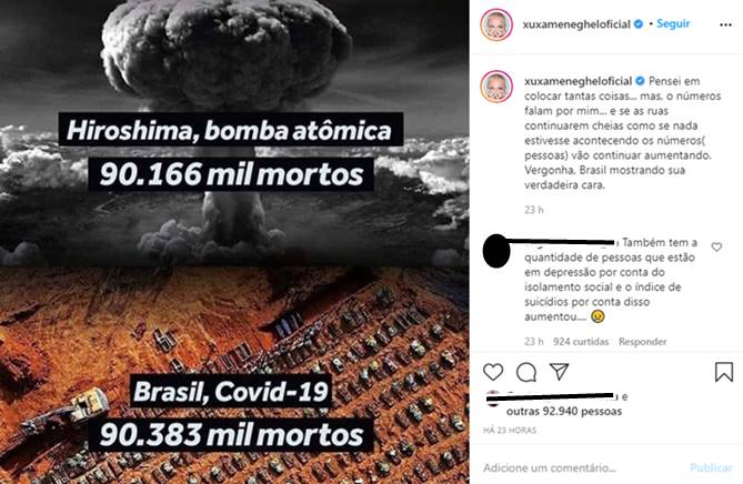 Reprodução Instagram Xuxa lamenta mortes pelo coronavírus: "Vergonha"