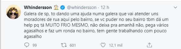 Reprodução Twitter Whindersson Nunes promove ação para ajudar moradores de rua e faz apelo aos fãs