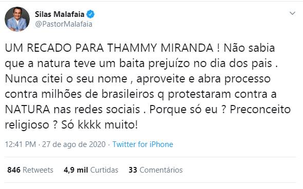 Thammy Miranda processa Silas Malafaia e pastor responde com provocação