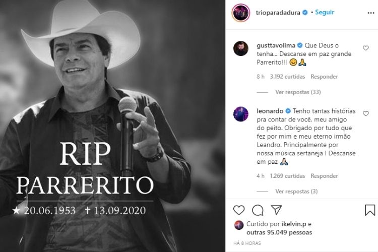 Cantores sertanejos lamentando a triste partida de Parreirito, do Trio Parada Dura - Reprodução: Instagram (Captura: Área VIP)