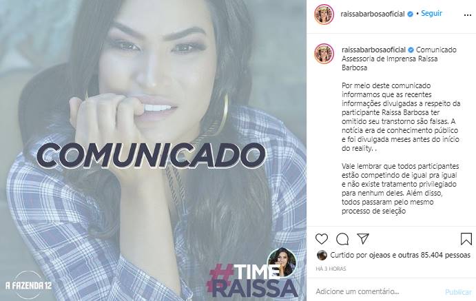 Print Instagram Raíssa Barbosa A Fazenda 12: Assessoria de Raíssa Barbosa emite comunicado após polêmicas - Foto: Reprodução/Print do Instagram@raissabarbosaoficial
