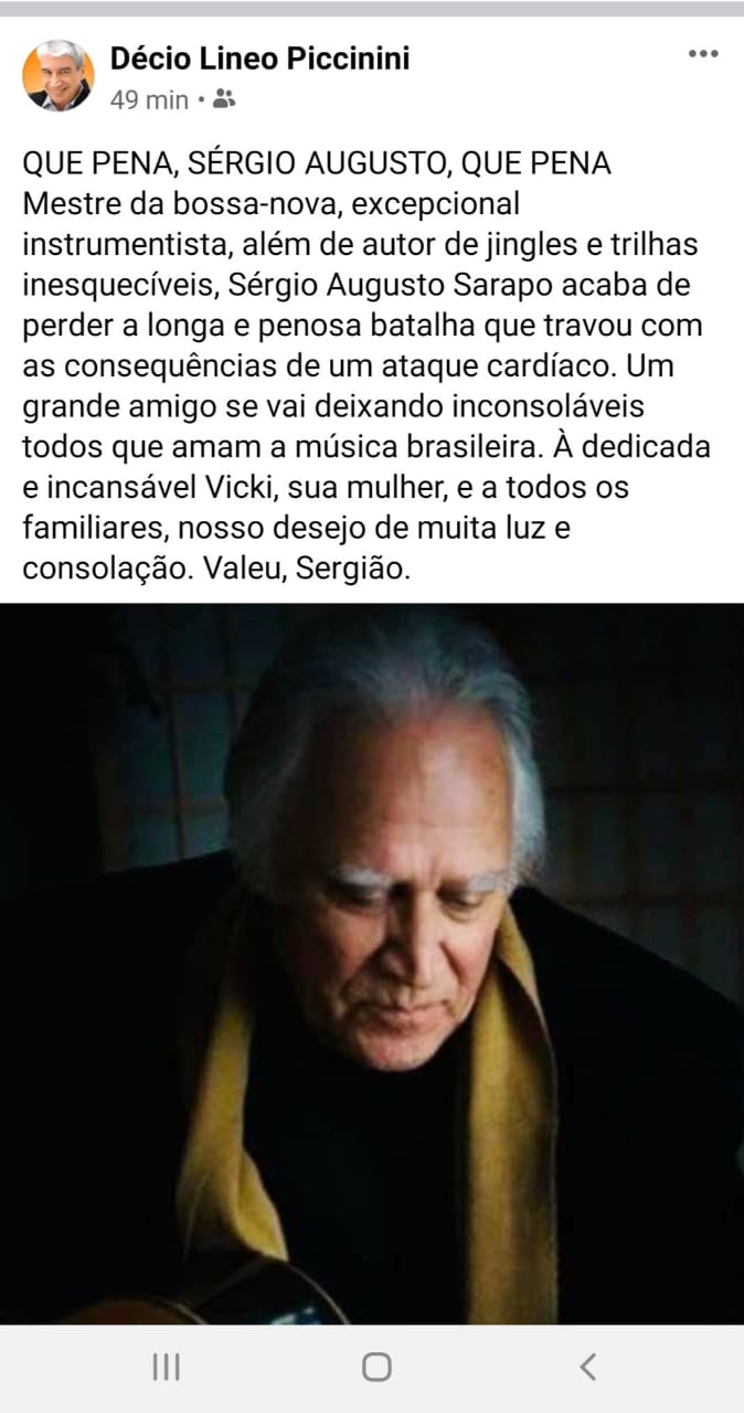 Print Facebook Décio Décio Peccinini lamenta morte de mestre da bossa-nova: ''Que pena' - Foto: Reprodução/Facebook Décio'