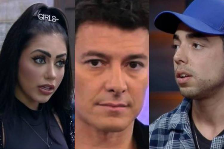 Mirella, Rodrigo Faro e Lucas Selfie A Fazenda 12: Rodrigo Faro quebra protocolo e expõe acordo feito entre Lucas Selfie e Mirella - Foto: Reprodução/Record/Montagem Área VIP