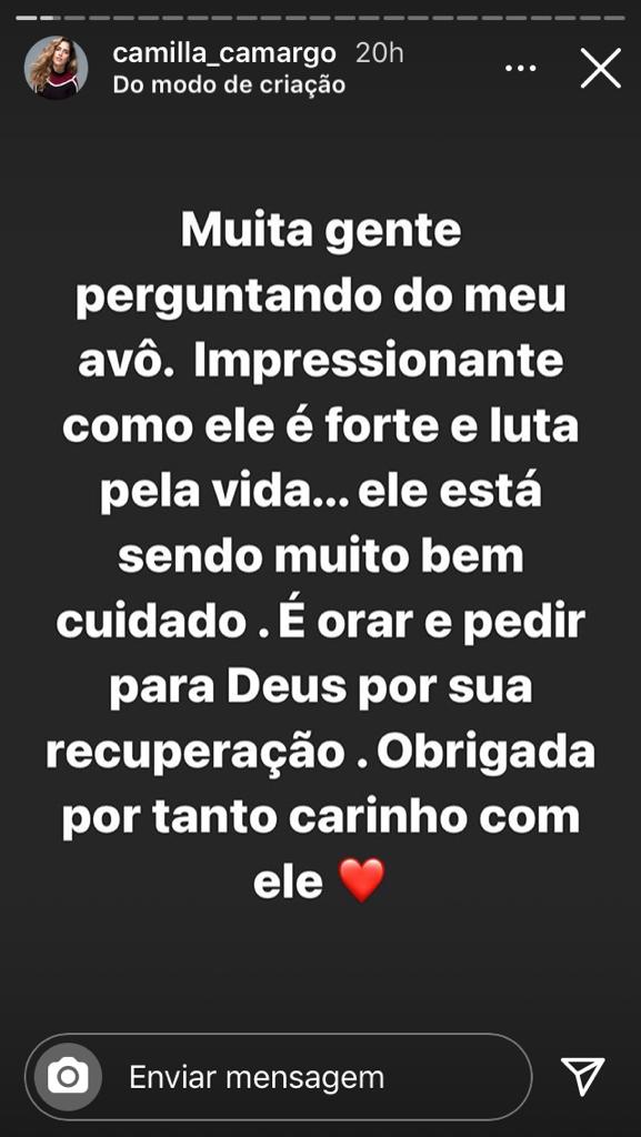 Camilla Camargo fala sobre estado de saúde do avô, Francisco: ''Luta pela vida'' - Foto: Reprodução/Instagram/montagCamilla Camargo fala sobre estado de saúde do avô, Francisco: ''Luta pela vida'' - Foto: Reprodução/Instagram