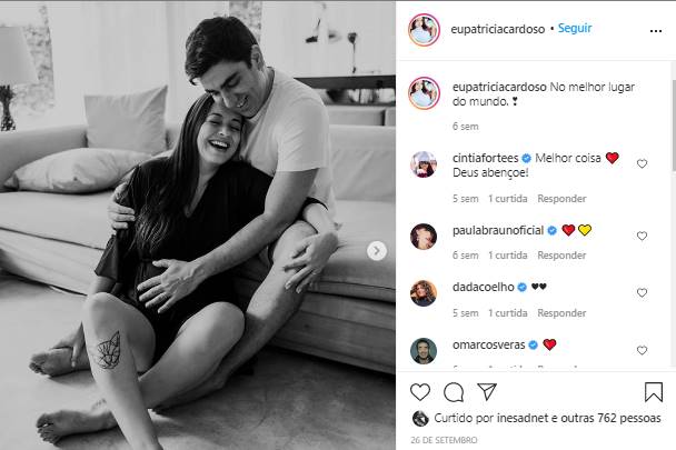 Esposa de Marcelo Adnet exibe barrigão e celebra nono mês de gestação: ''doce espera'' - Foto: Reprodução/Instagram@eupatriciacardoso