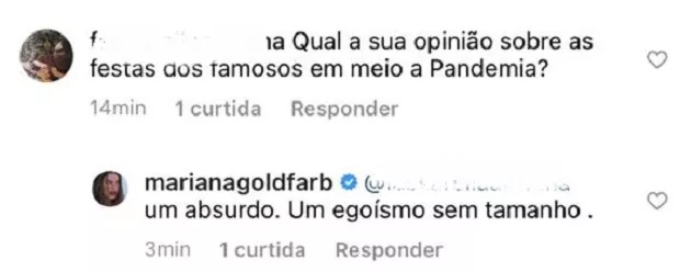 Print, instagram Mariana Goldfarb, esposa de Cauã Reymond, detona famosos que organizam festas na pandemia: "Absurdo'' - Foto: Reprodução/Instagram