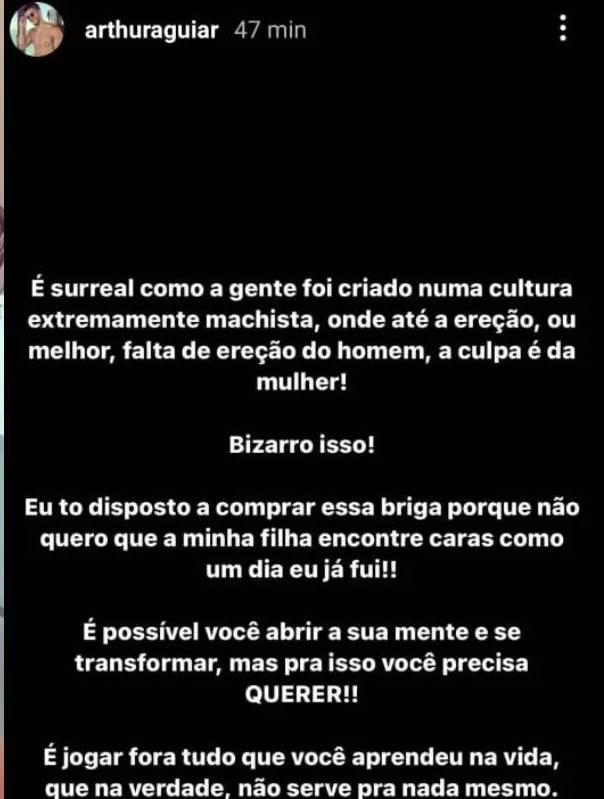 Nas redes sociais, Arthur Aguiar fala sobre machismo e afirma ter medo que filha se relacione com homens como ele já foi - Foto: Reprodução/Instagram