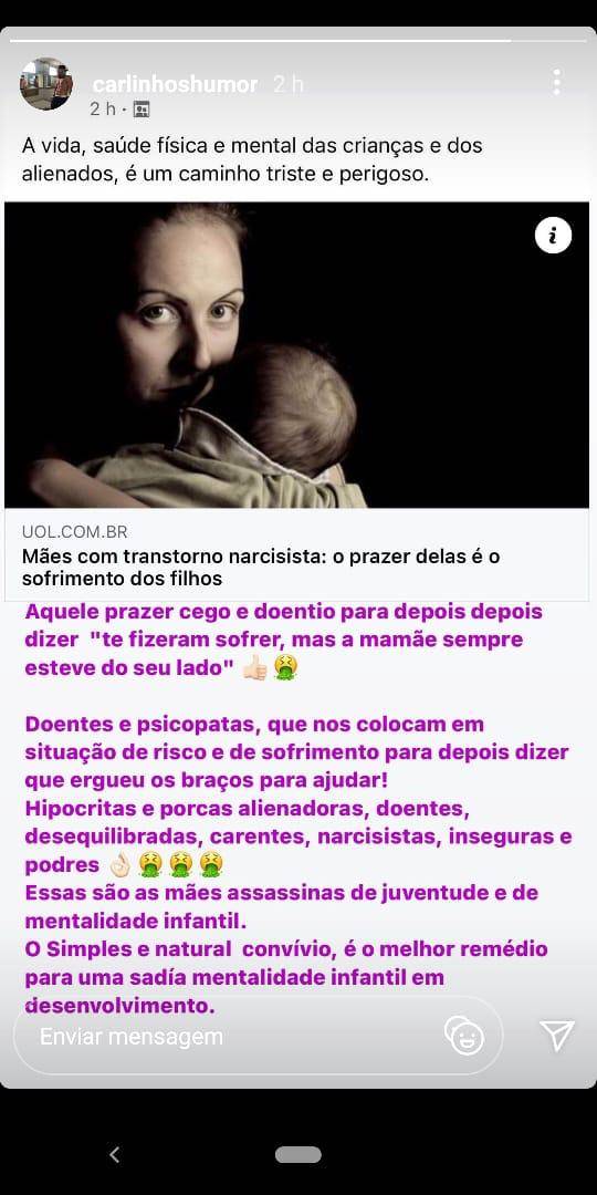Carlinhos Mendigo volta a atacar a ex e dispara sobre ''mães narcisistas'' - Foto: Reprodução/Instagram