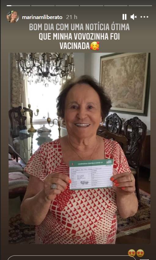 Aos 91 anos, mãe de Gugu Liberato recebe a vacina contra Covid-19 - Foto: Reprodução/Instagram