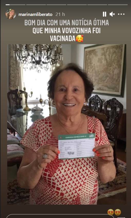 Print Marina Liberato Instagram Aos 91 anos, mãe de Gugu Liberato recebe a vacina contra Covid-19 - Foto: Reprodução/Instagram