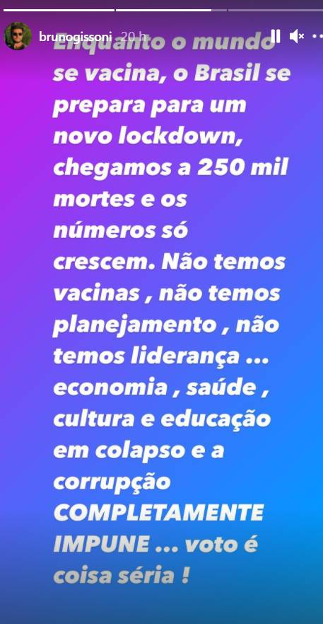 Após Brasil atingir marca de 250 mil mortos, Bruno Gissoni se revolta com falta de vacina: ''E a corrupção impune'' - Foto: Reprodução/ Instagram