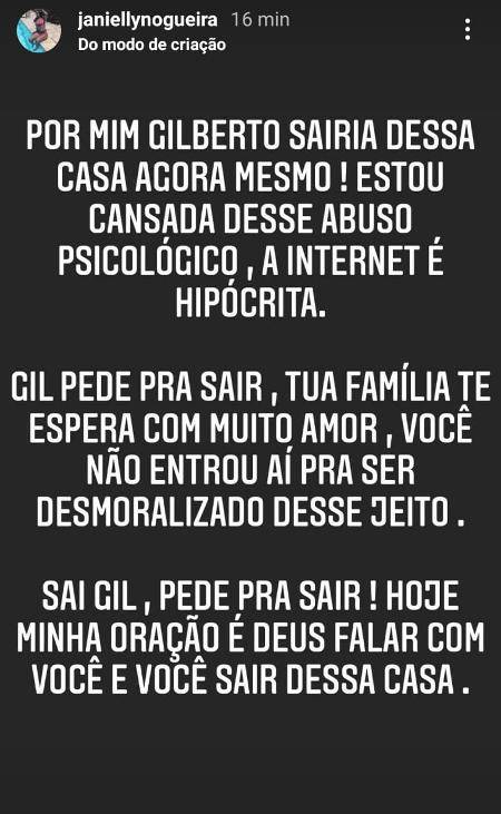 BBB21: Irmã de Gil não se agra com cenas do reality e dispara - ''Por mim Gilberto sairia dessa casa agora mesmo'' - Foto: Reprodução/ Instagram