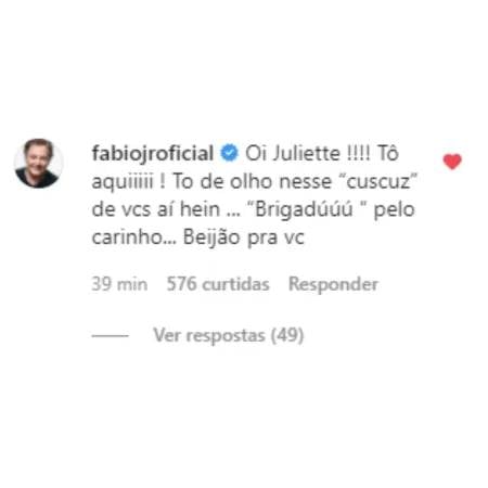 BBB 21: Fábio Jr comenta foto de Juliette - ''Estou de olho nesse cuscuz'' - Foto: Reprodução/ Instagram
