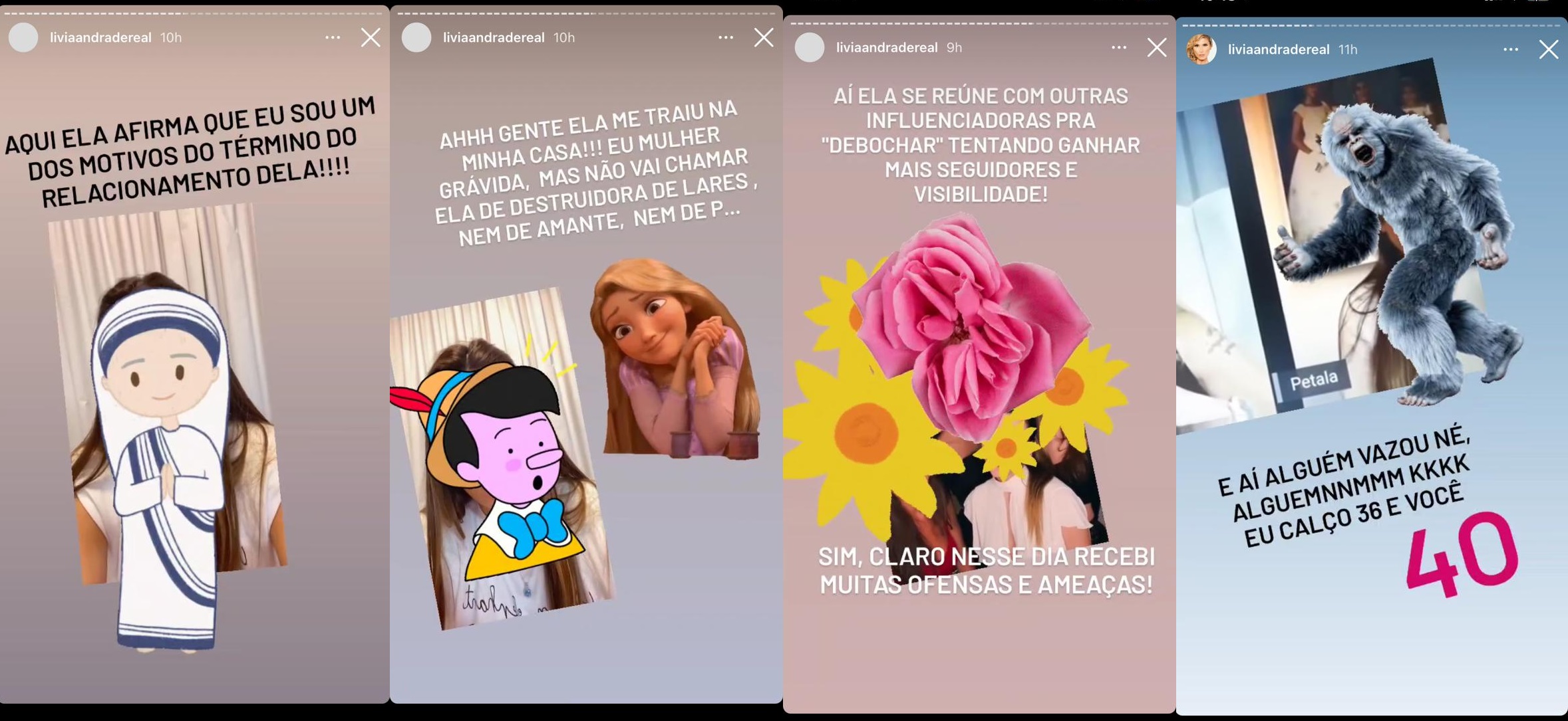 Imagem: Print de stories de Lívia Andrade compartilhando vídeos de Pétala Barreiros (Reprodução/Instagram)