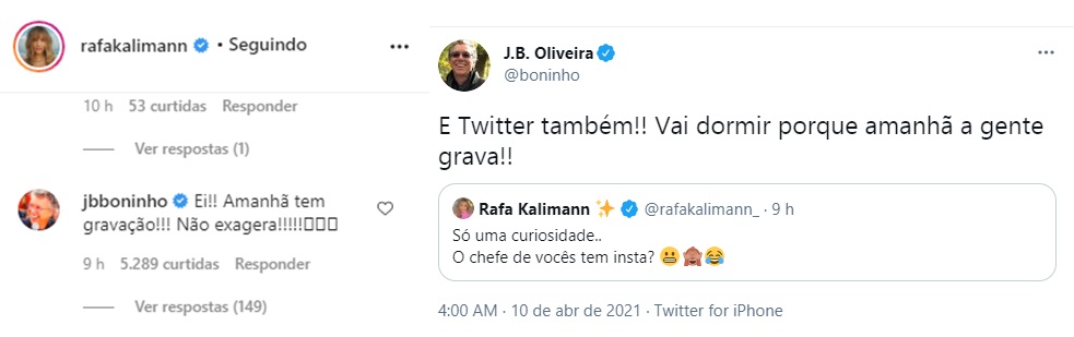 Imagem: Boninho comenta foto de Rafa Kalimann no Instagram e, em seguida, compartilha e responde tweet da ex-BBB brincando sobre o comentário dele (Reprodução: Instagram e Twitter)