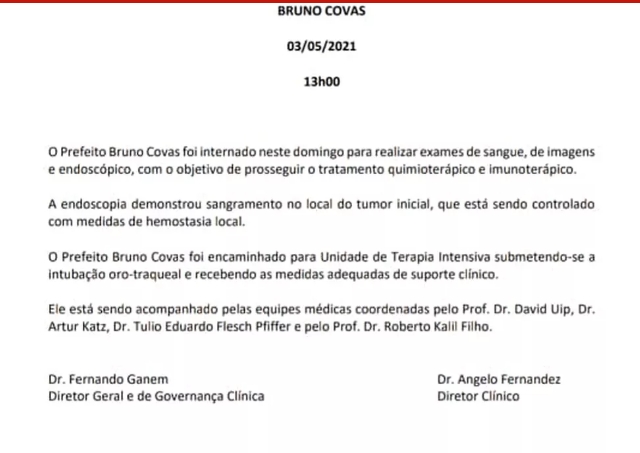 Boletim médico do hospital Sirio Libanes sobre estado de saúde do prefeito de São Paulo Bruno Covas Boletim médico do hospital Sirio Libanes sobre estado de saúde do prefeito de São Paulo Bruno Covas
