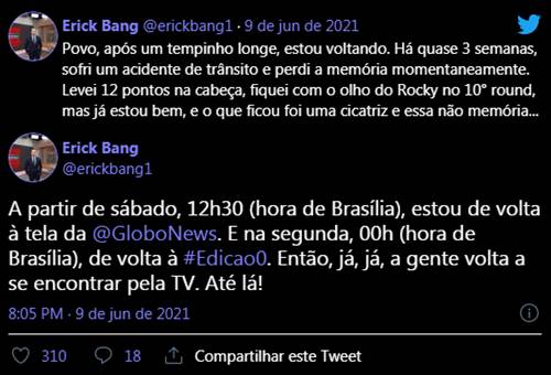 Âncora da GloboNews revela que perdeu a memória após sofrer acidente