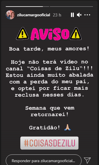 Instagram de Zilu Camargo reprodução Stories Instagram de Zilu Camargo reprodução Stories