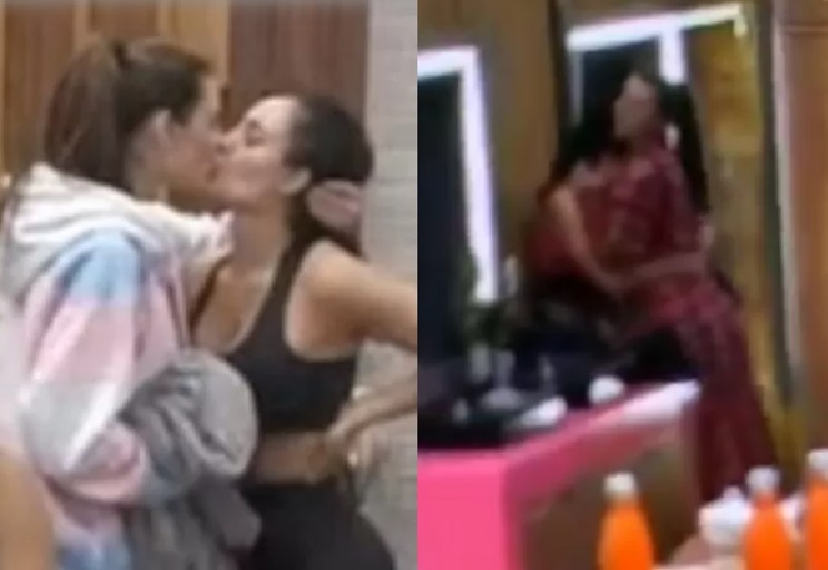 A Fazenda 13: Dayane e Aline trocam amassos dentro do banheiro