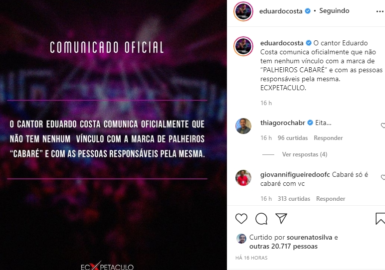 Eduardo Costa reprodução Instagram