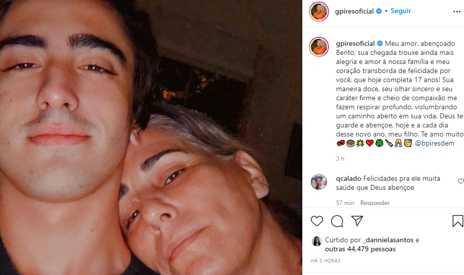 Glória Pires e filho Bento reprodução Instagram Glória Pires e filho Bento reprodução Instagram