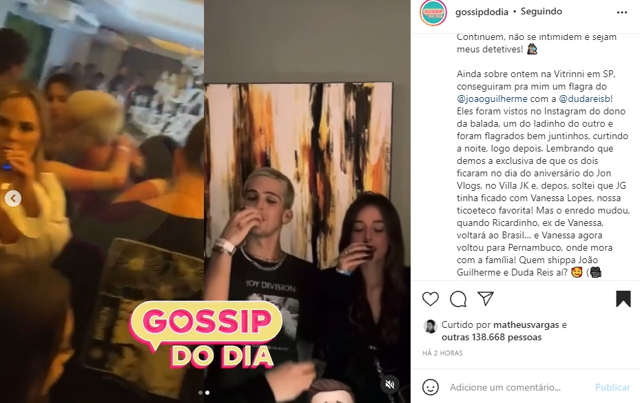 Publicação sobre João Guilherme e Duda Reis (Foto: Reprodução Instagram)