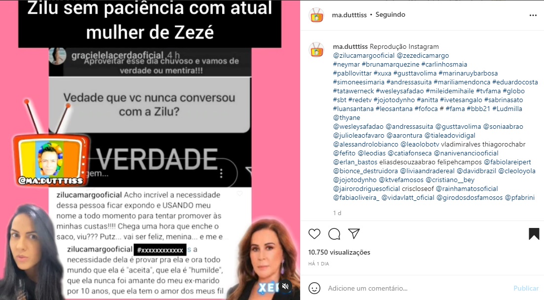 Publicação sobre Zilu Godoi (Foto: Reprodução Instagram)