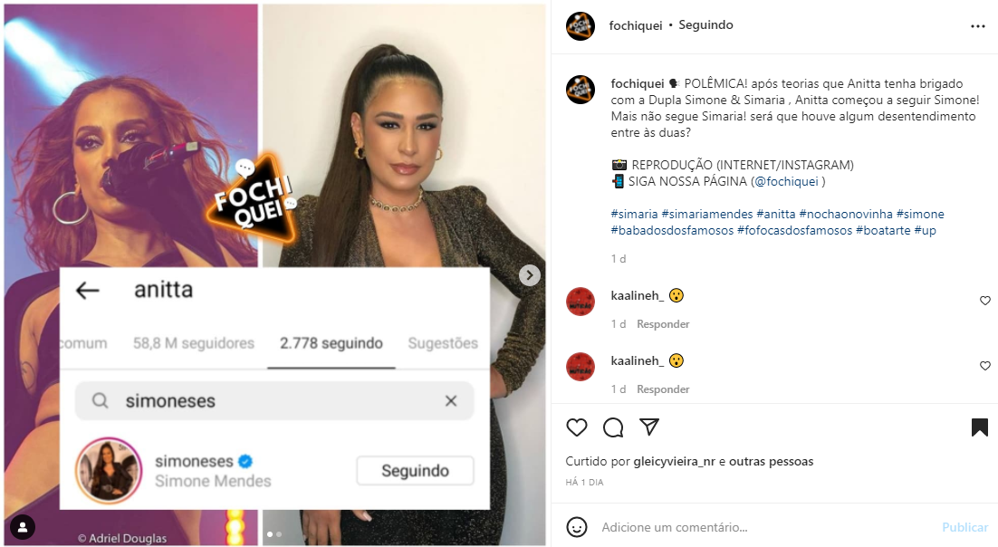 Publicação sobre Anitta e Simaria (Foto: Reprodução Instagram)