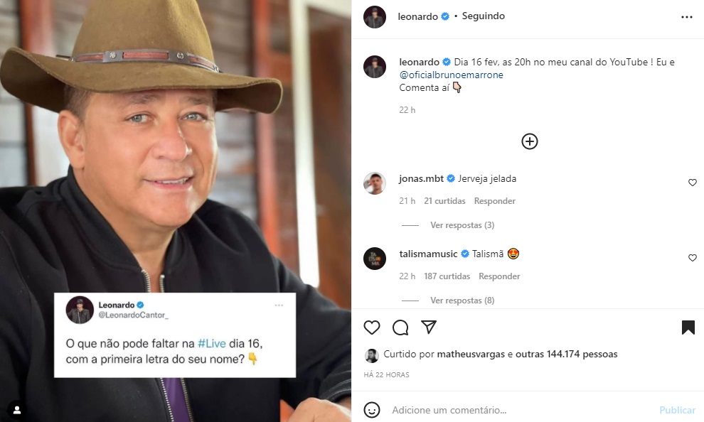 Postagem Leonardo - Reprodução Instagram Postagem Leonardo - Reprodução Instagram