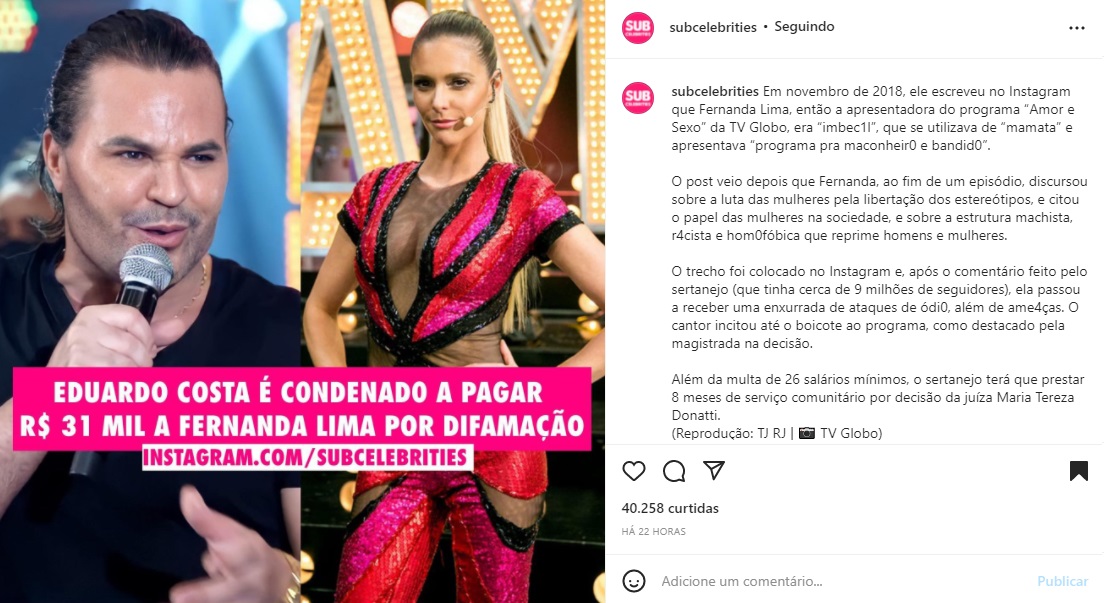 Publicação sobre Eduardo Costa (Foto: Reprodução Instagram)