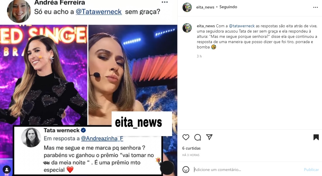 Publicação sobre Tata Werneck (Foto: Reprodução Instagram) Publicação sobre Tata Werneck (Foto: Reprodução Instagram)