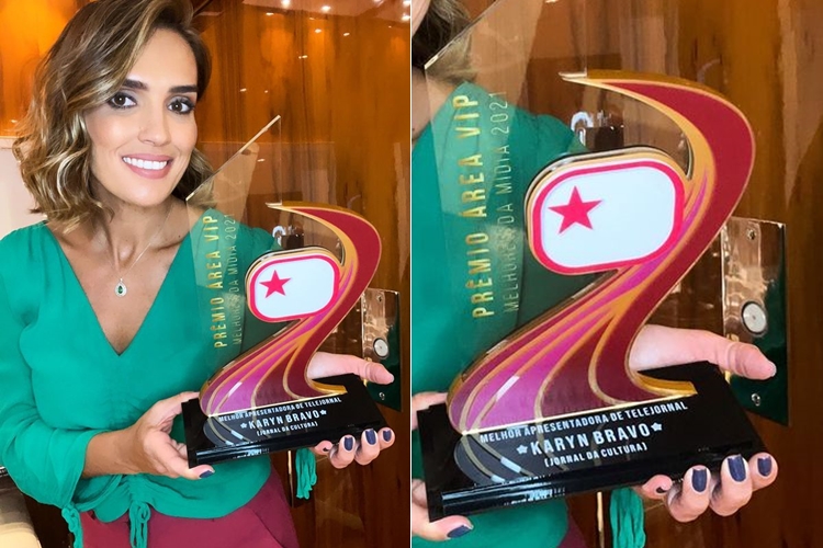 Karyn Bravo recebe troféu do Prêmio Área VIP 2021