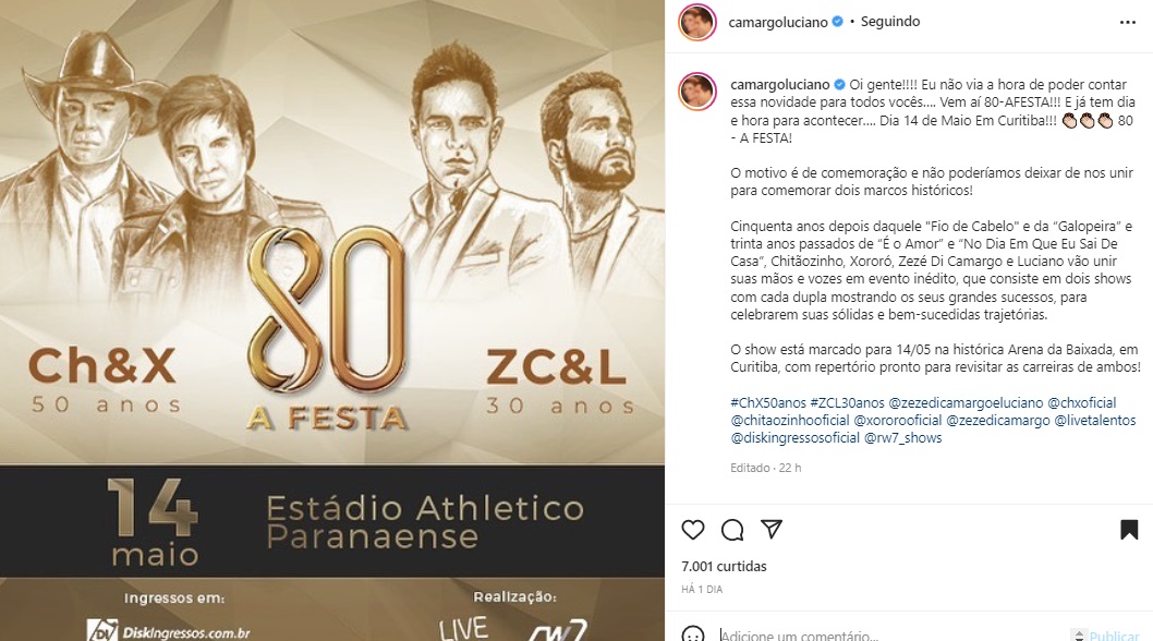 Publicação de Luciano Camargo (Foto: Reprodução Instagram)