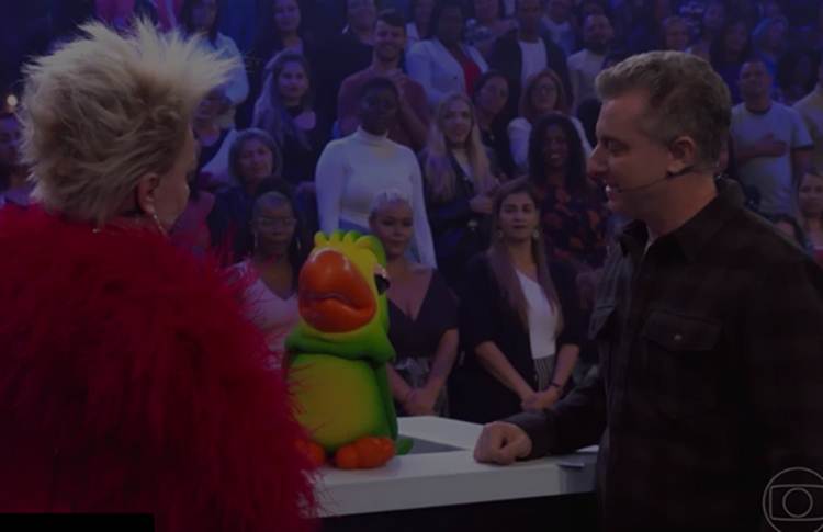 Ana Maria Braga com papagaio e Luciano Huck - Reprodução Globo