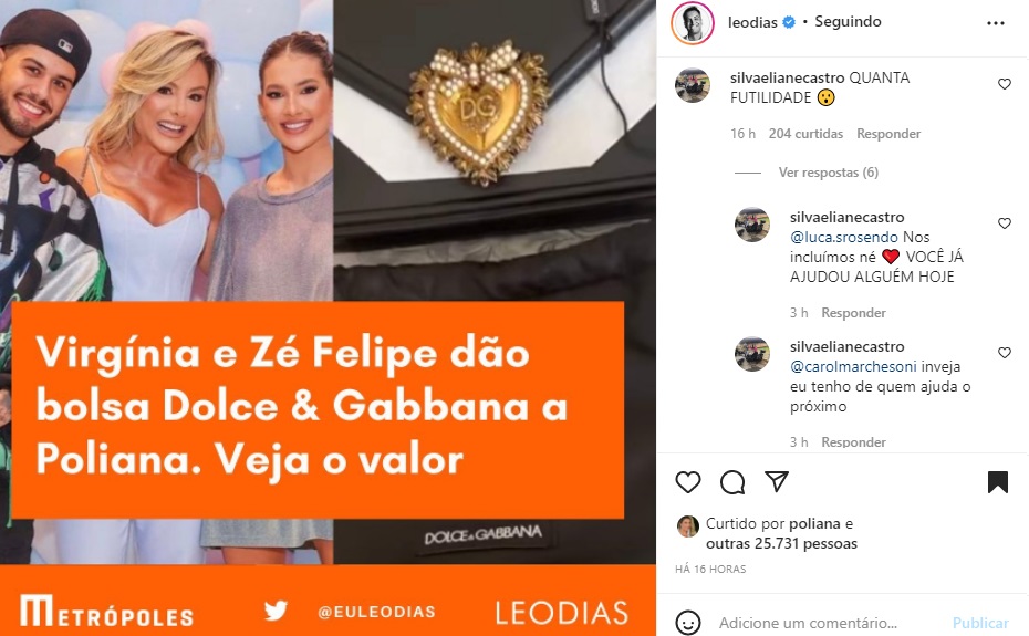 Publicação sobre Virginia Fonseca e Poliana Rocha (Foto: Reprodução Instagram Leo Dias)