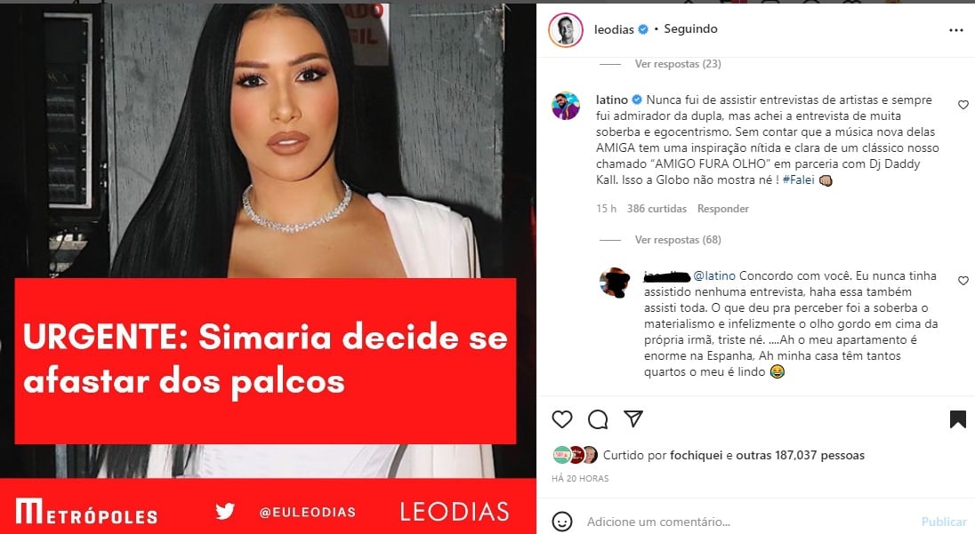 Comentário Latino sobre Simone e Simaria (Foto: Reprodução Instagram)