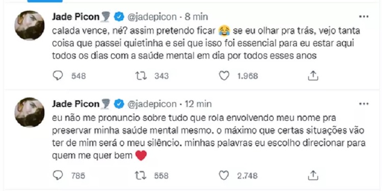 Jade Picon rebate críticas e manda indireta (Foto: Reprodução/Twitter)