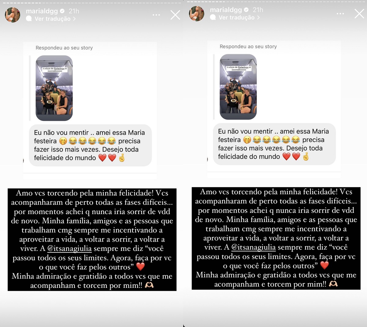 Maria Lina agradece apoio dos fãs (Foto: Stories do Instagram)