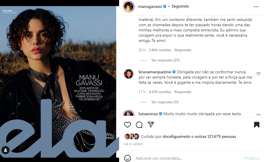 Publicação Manu Gavassi e comentário Bruna Marquezine (Foto: Reprodução Instagram)