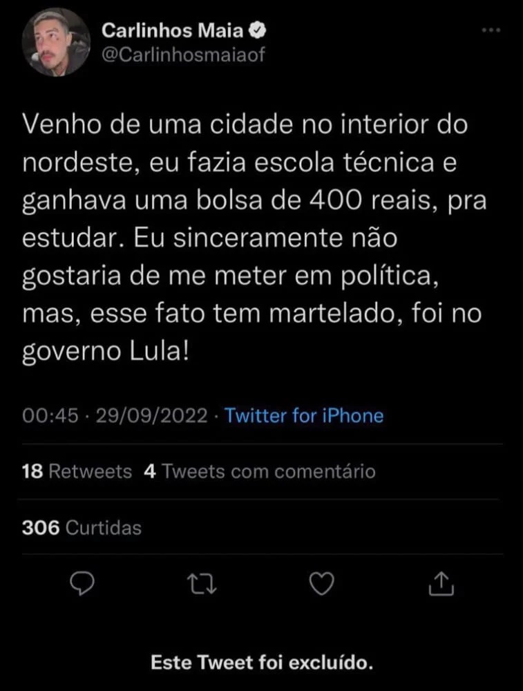 Carlinhos Maia apaga tuíte sobre Lula (Foto: Twitter/Reprodução)