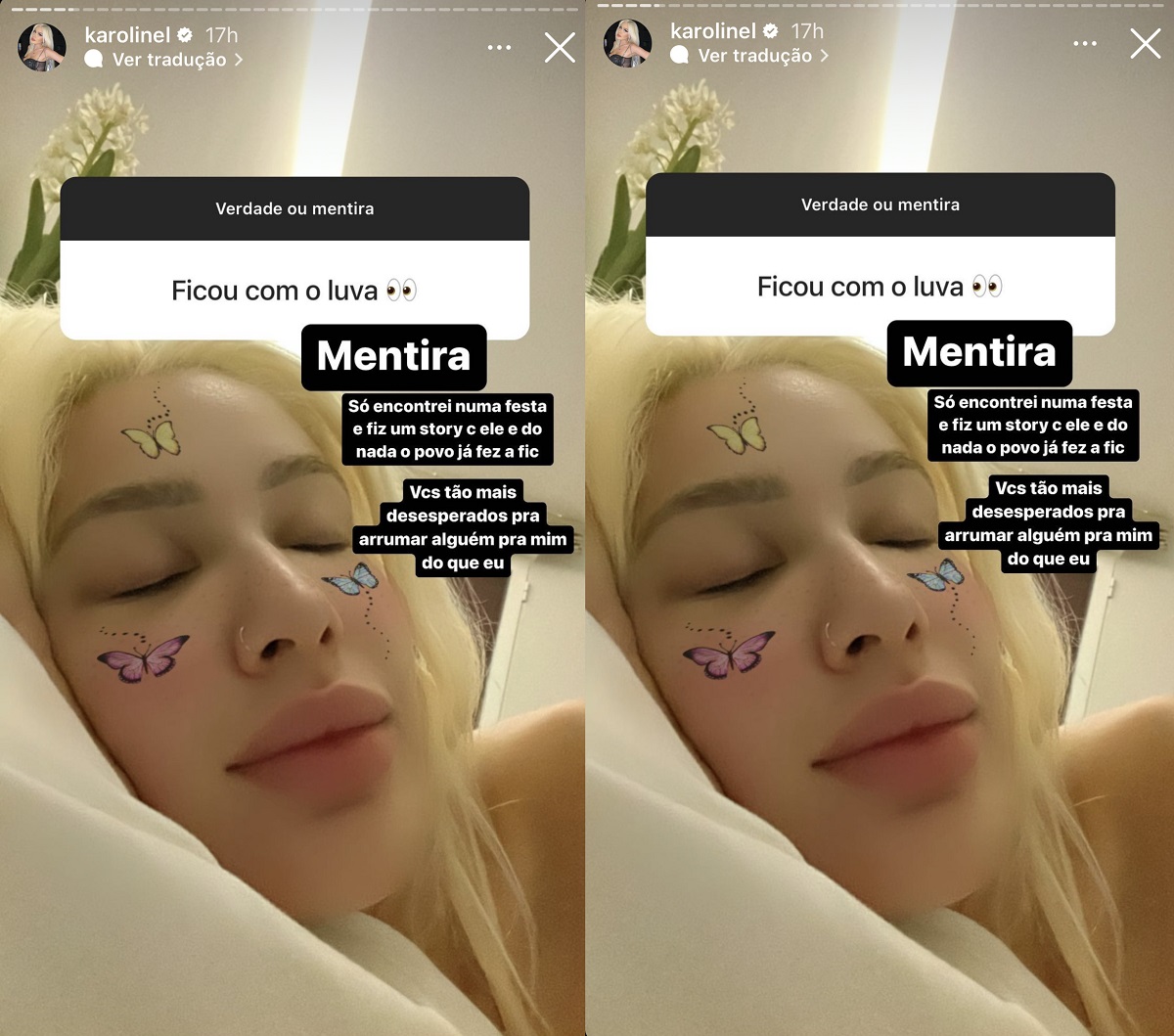 Karoline Lima nega ter ficado com Luva de Pedreiro (Foto: Stories do Instagram)